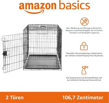 Складана металева клітка для собак Amazon Basics з подвійними дверима, піддоном, чорна, 107x71x76 см