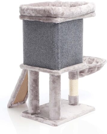Кігтеточка для котів Fudajo сірого кольору, 71,5 см, з платформою для відпочинку, лежаком, дряпалкою та будиночком. Кліматичний комплекс для котів з 1 будиночком.