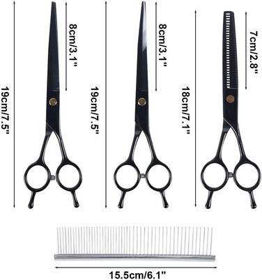 Набір ножиць для собак 7 дюймів, професійний 5-в-1 з нержавіючої сталі, включаючи ножиці для фінальної обробки, вигнуті та прямі ножиці, гребінець для грумінгу, серветка для чищення, кейс для зберігання, регулювальний гвинт, для собак та котів, чорний