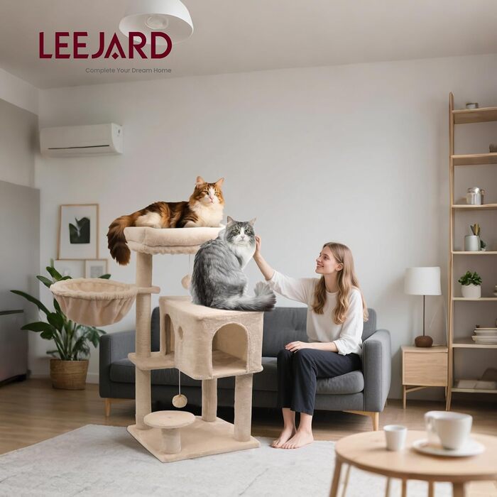 Котячий комплекс LEEJARD 95 см, із великими платформами, сизалевими стовпами, когтеточкою, будиночком, плюшевими іграшками та щіткою для великих котів, бежевий