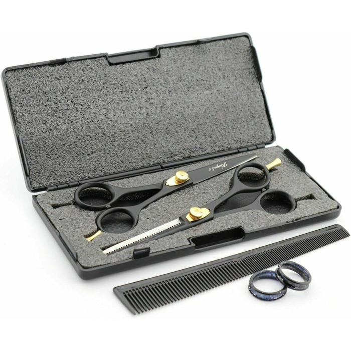 Набір професійних перукарських ножиць Haryali London, 15.2 см, чорний, з регулюванням натягу, для текстуризації та розрідження волосся, у подарунковому етолі