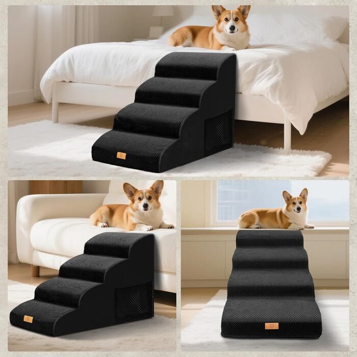 Сходинки для собак, 4 сходинки, знімний поручень, антиковзка поверхня, для ліжка та дивану, з високощільним губчастим наповнювачем (Чорний)