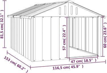 Будка для собак vidaXL, сіра, 116,5x153x81,5 см, оцинкована сталь