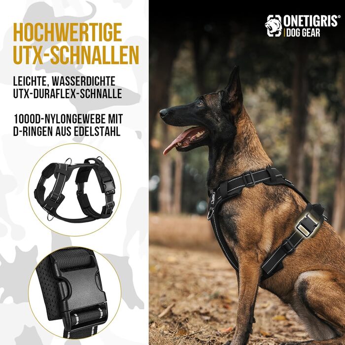 Шлейка для собак OneTigris Diesel, тактична, чорна, розмір L, м'яка підкладка, з ручкою та 3 D-кільцями, для середніх та великих собак