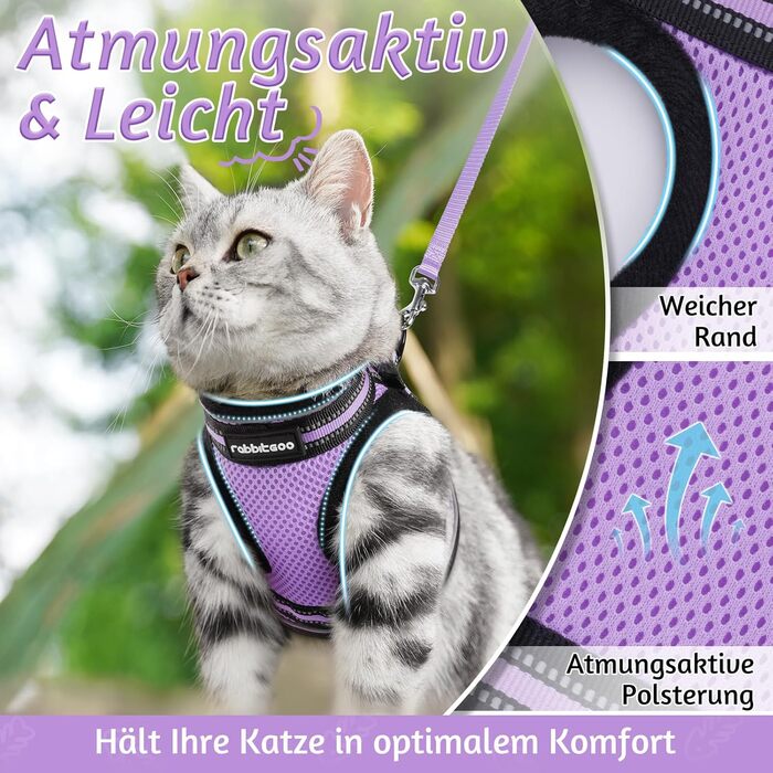 Нашийник та поводок для котів Rabbitgoo: безпечний, регульований, з відбиваючими смугами, для кошенят та дорослих котів, розмір M, світло-фіолетовий