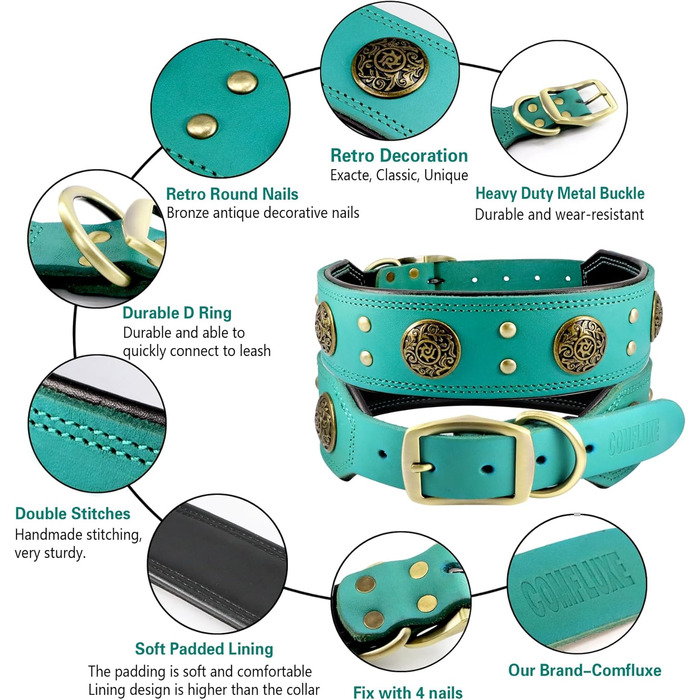 Нашийник для собак середніх порід Comfluxe з екошкіри, 5.1 см, міцний, з металевою застібкою, блакитно-зелений, з дизайном 