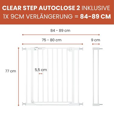 Захисне ворота для дітей Hauck Clear Step Autoclose 2, білий колір, ширина 75-80 см, висота 77 см, самозакривне, без свердління
