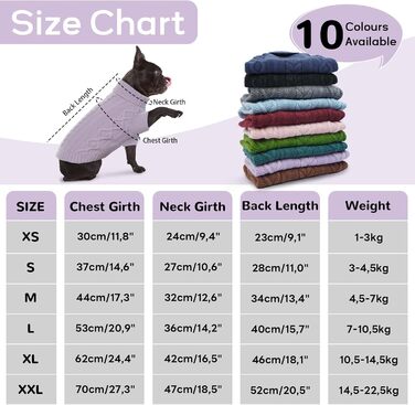 Пуловер для собак - простий та елегантний, теплий, з отвором для повідка, для середніх собак, Французький бульдог (Lila M) M(Обхват грудей 44см, довжина спини 34см), фіолетовий