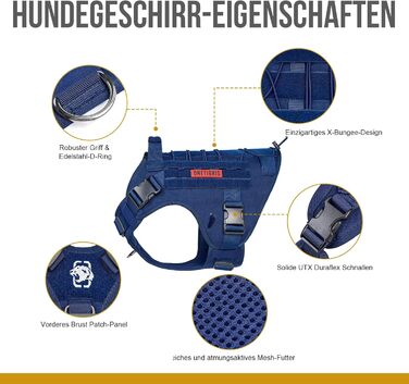 Тактична шлея для собак OneTigris FIRE WATCHER, XL, синя, 1000D нейлон, з ручкою і 2 D-кільцями, захисна амуніція для дресирування та прогулянок