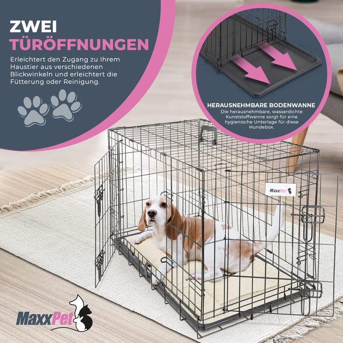 MaxxPet Клітка для собак XL металева, складна, з двома дверима, подушкою та поїлкою, для великих порід, чорна, 107x71x76 см, для дому та вулиці