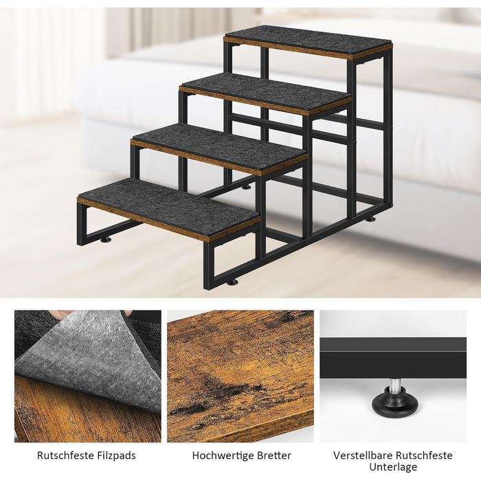 Смусей Сходинки для домашніх тварин: собачі та котячі, 4 сходинки, стабільна конструкція з дерева та металу, протиковзке покриття, для диванів, ліжок, балконів, 60x40x43 см, коричневий