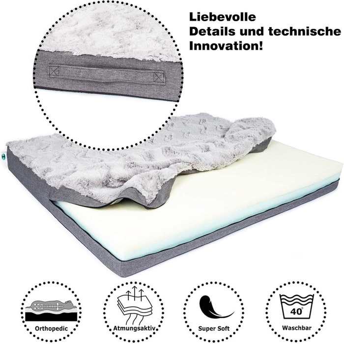 Ортопедичний килимок для собак CopcoPet Lucky Hundematratze: ковзний, миючий, з м'якого штучного хутра, 100 x 80 x 10 см, сірий