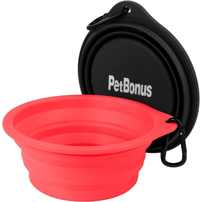 Складані годівниці для собак PetBonus (2 шт.) - силіконові миски для води та корму для собак, котів, в дорогу, з карабіном (1000 мл, чорний, червоний)