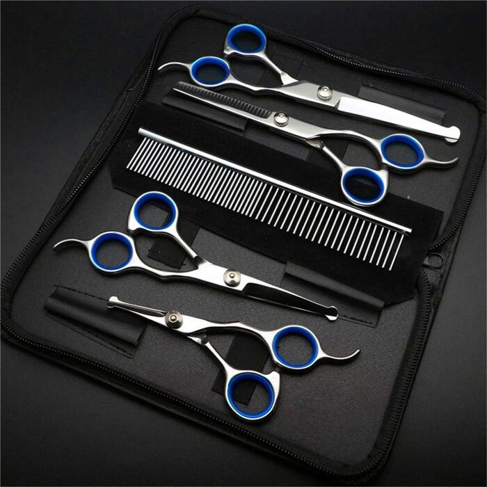 Набір професійних ножиць для грумінгу собак та котів, набір для стрижки та витончення шерсті, нержавіюча сталь, безпечні закруглені кінчики, блакитний колір