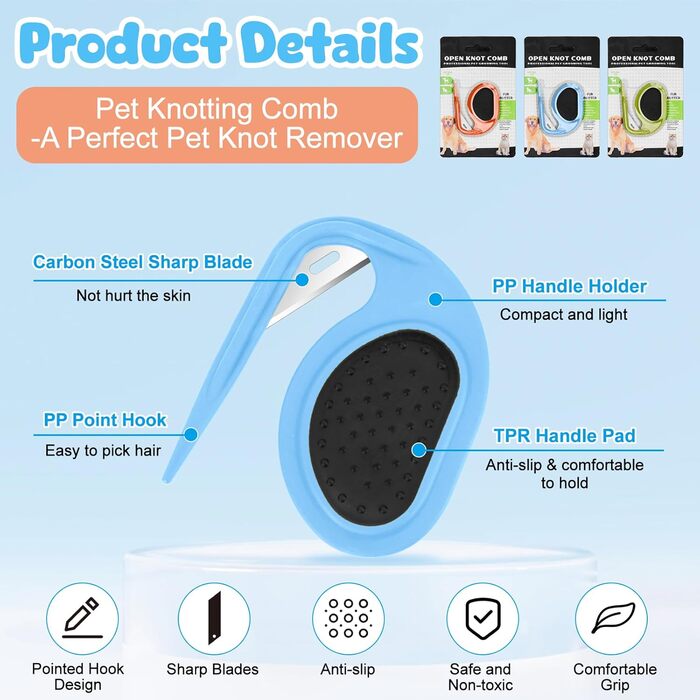 Кгребінець для розчісування вузлів у собак та котів Meetory (3 шт.), масажний гребінець 3-в-1, видалення ковтунів, видалення шерсті