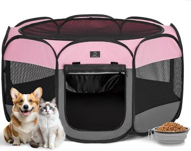 Клітка-вольєр для собак великих порід на 4 собак, портативна з водонепроникним дном та блискавкою, для дому та вулиці, з мискою, темно-сіра та рожева (M з мискою, темно-сіра + рожева)