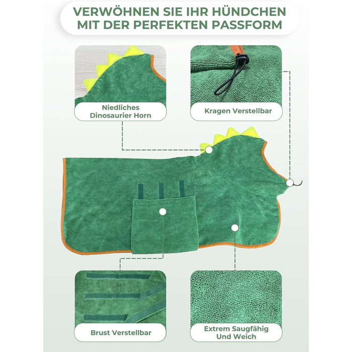 Рушник для собак з мікрофібри, халат для собак, швидковисихаючий, регульований, для великих, середніх та малих собак/котів (зелений, M)