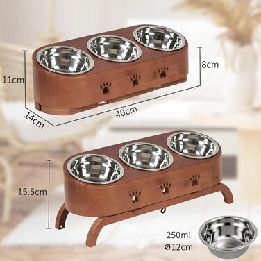 Набір мисок для котів JAZUIHA (3 шт.) з підняттям, ергономічні, 15° нахил, регульована висота, дерев'яний підставник, нержавіюча сталь Ø12 см, темно-коричневий
