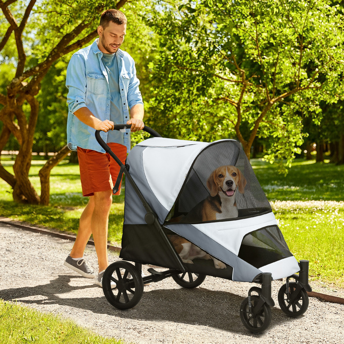 Складаний візок для собак середніх порід, прогулянковий buggy для домашніх тварин на 4 колесах із гальмами та страховочним повідцем, сірий
