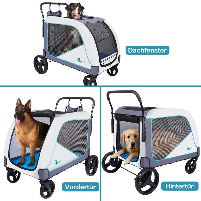 Візок для собак Ownpets XL для великих собак до 70 кг, з місткою сумкою, регульованою ручкою, дихаючим мережем, складний, 4 гумові колеса