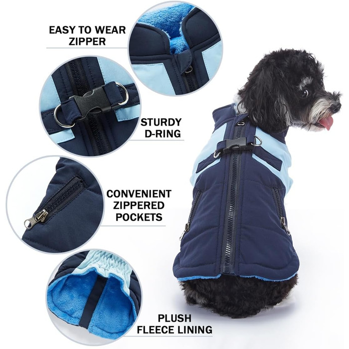 Зимовий теплий пуховик для собак Waerdichter Outdoor, для малих та середніх собак, з світловідбиваючими смугами та отвором для повідка (BLAU, S)