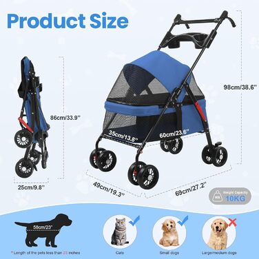Легкий та складаний переносний візок для собак, блакитний. З сонцезахистом, гальмами та місцем для зберігання (до 10 кг)