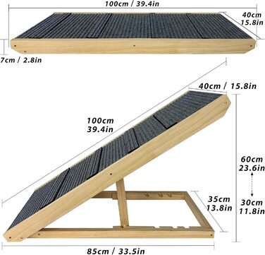 Рампа для собак YRHome, 100x40x60 см, дерев'яна, для великих собак та котів, до 100 кг, регульована висота, антиковзаюча, для ліжка, дивана, авто