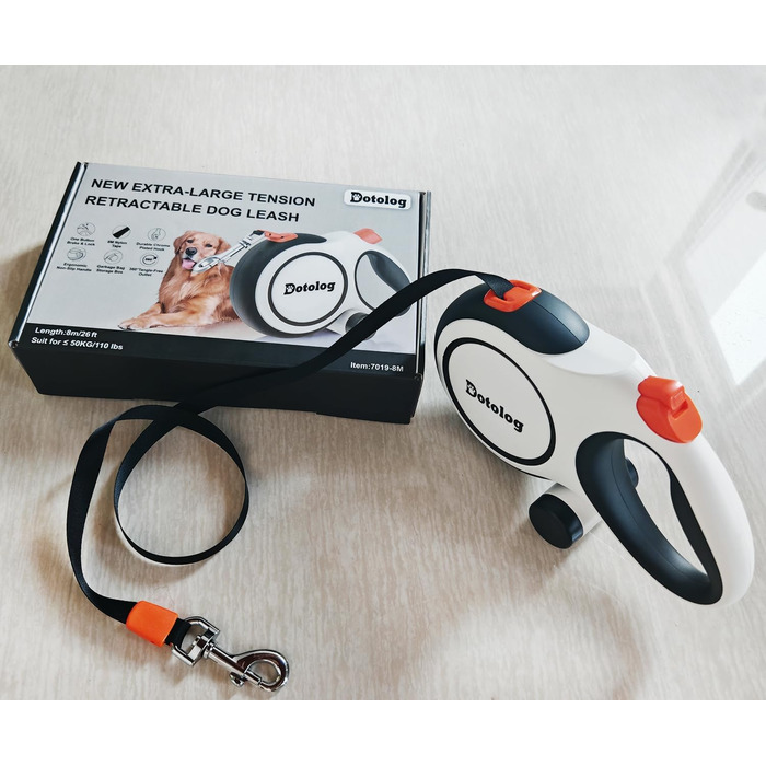 Еластична повідка для собак Dotolog, висувна, до 8 м, для собак середніх та великих порід (до 50 кг), чорна