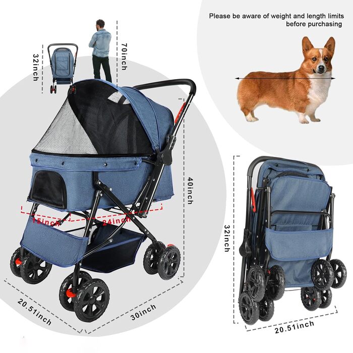 Візок для собак Wedyvko до 20 кг, 4 колеса, складний, для маленьких та середніх собак та котів, з кошиком та тримачем для напоїв, блакитний