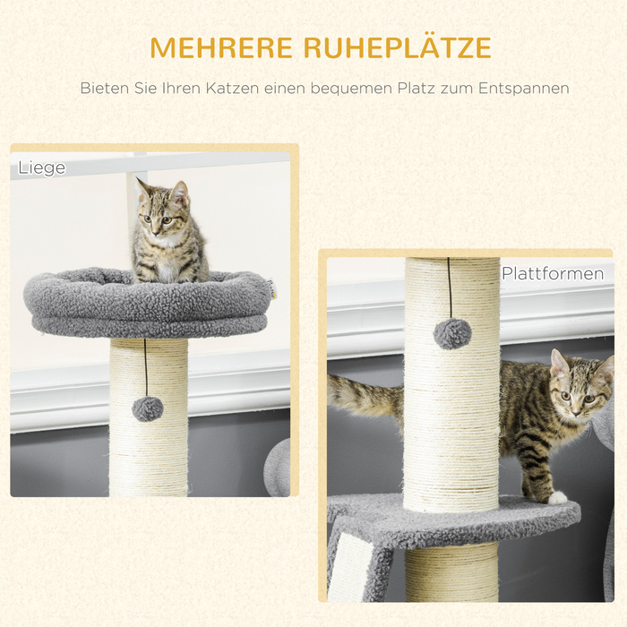 PawHut Cat Tree Велике 92 см Котяче дерево з імітацією баранячої шкіри, дряпаючим стеблом, платформою та ігровим м'ячем, темно-сіро-кремово-біле