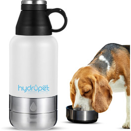 Пляшка для води та миска для корму для тварин HydroPet, портативний набір для подорожей з нержавіючої сталі, подвійні чаші, сумка та ремінець, біла, 907 г – для прогулянок, подорожей, туризму