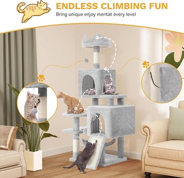 Кігтеточка YITAHOME XL, 137 см, з 2 сизалевими стовпцями, 1 платформою, 2 печерами, гамаком, іграшками-м'ячиками та кігтедробилкою. Ідеальний кімнатний комплекс для котів, сірий колір.
