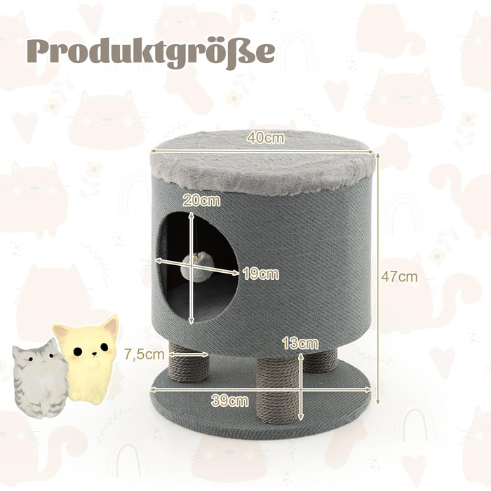 Котячий будиночок SOARS з дряпальною колоною, кігтеточка, кігтешкребок для котів, сізого кольору, 40x40x47 см