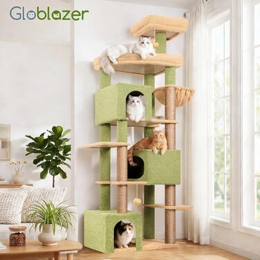 Комплекс для котів Globlazer XXL (203 см) для 4-6 великих котів, з 3 будиночками, платформами, кошиком та іграшками, стійкий, зелений