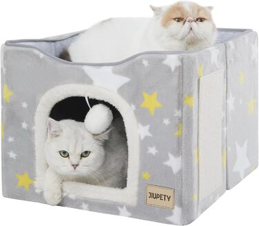 Jiupety складаний будиночок для котів, двошарова котяча хатка-куб з великим простором, ліжко для двох котів із кігтеточкою та іграшкою, 44х44х36 см, Classic Star