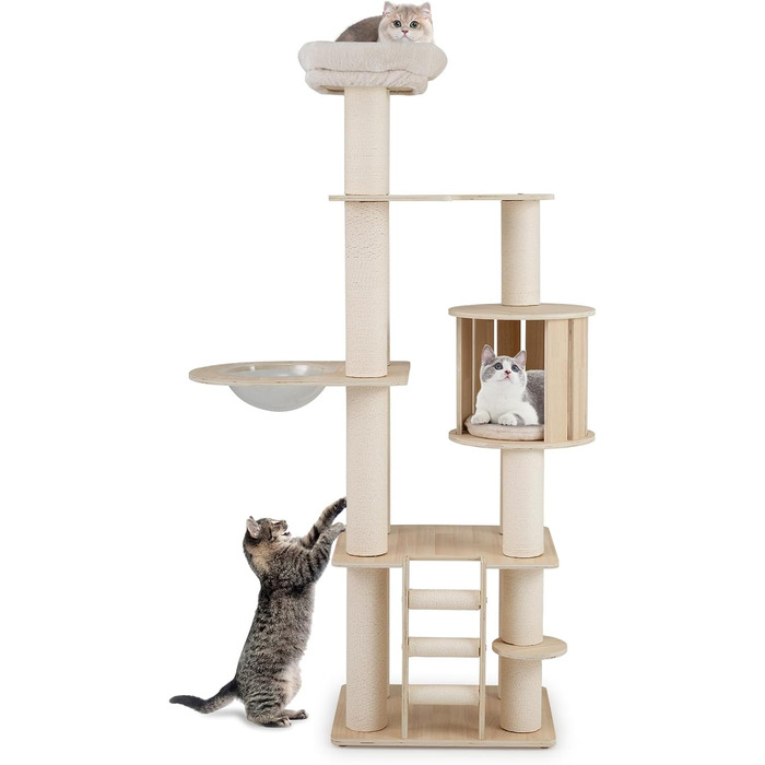 Дерев'яний кігтечка для котів COSTWAY 6-ярусний, 185 см: кігтеточка, будиночок, сходинки, платформа
