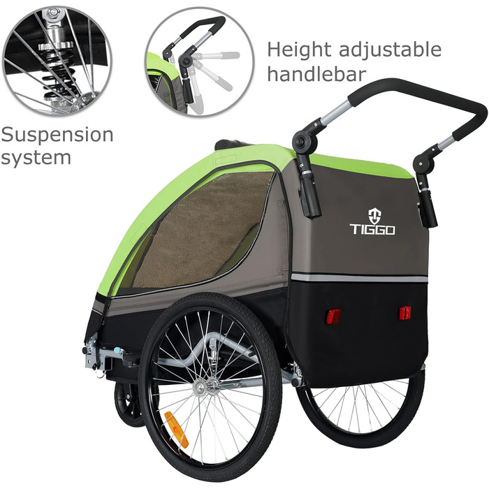 Дитячий причіп Tiggo S2 2-в-1 з підвіскою та поворотним з'єднанням 360° (зелений)