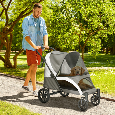 PawHut Dog Stroller Dog Buggy Foldable для великих собак і кішок до 30 кг Cat Buggy з подушками Сітка Вікна Двері Сумка для зберігання Котяча коляска з тросами безпеки, гальмами, баггі Темно-сірий | Аосом