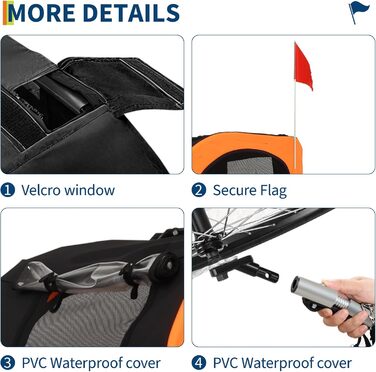 Причіп-коляска для собак до 40 кг - 88 lbs - міцна сталева рама, колеса 16 дюймів, нековзний підкладка, для активного відпочинку, помаранчевий