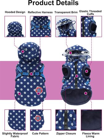 Зимовий теплий пуховик для собак з протекторними отворами, вітронепроникна куртка для холодної погоди, бавовна, костюм для цуценят, маленьких та середніх собак, розмір XL (2XL: Обхват грудей:55см/21.6 дюймів, Стиль 2: Синій горошок)