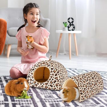 Будиночок та тунель для морських свинок Hedgeink – затишний дім та іграшки для кроликів, морських свинок, хорягів та інших дрібних тварин (коричневий леопардовий принт)