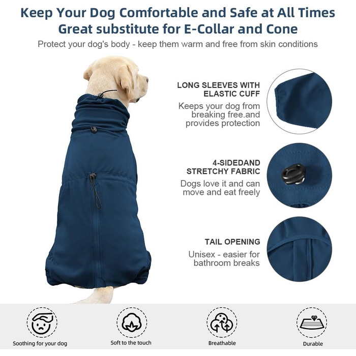 Піжама для собак великих та екстра-великих порід, еластична, для дорослих та середніх собак, комбінезон для домашнього улюбленця (5XL, Синій)