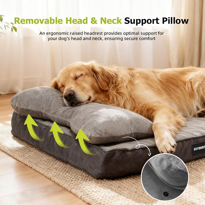 Ортопедичне ліжко для собак з знімною подушкою для голови, миється, ліжко для тварин з піною у формі яєчної коробки, водонепроникне ліжко для собак з подушкою для підтримки голови та суглобів, середній розмір: 76 см (Д) x 51 см (Ш) x 18 см (В), сірий колі