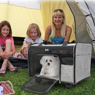 Транспортний бокс для котів та собак PETCUTE, складаний, з килимком, бічні кишені, з колесами, для подорожей та кемпінгу, сірий