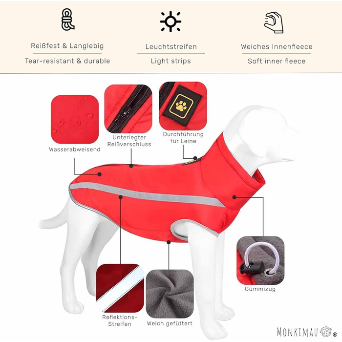 Зимова куртка Monkimau для великих собак XL-6XL | Водовідштовхуюча куртка-мандель для собак з світловідбиваючими смугами, прихованою блискавкою та гумкою (Рожева, 3XL)