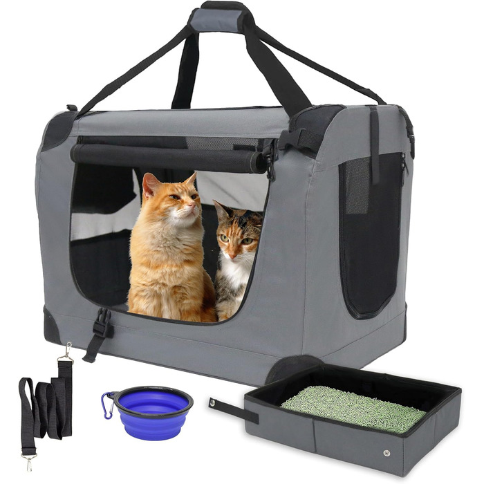 Велика переноска для котів 61x41,9x41,9 см, м'яка, портативна сумка для тварин для подорожей авто з складаним туалетом та мискою