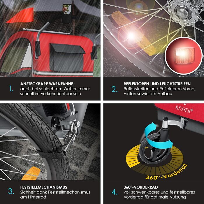 Дитячий велопричіп KESSER Sport-RX 2в1 (велопричіп/візок) для 1-2 дітей, 360° обертання, 5-точкова система безпеки, максимальне навантаження 40 кг, тримач для напоїв та смартфон, червоний