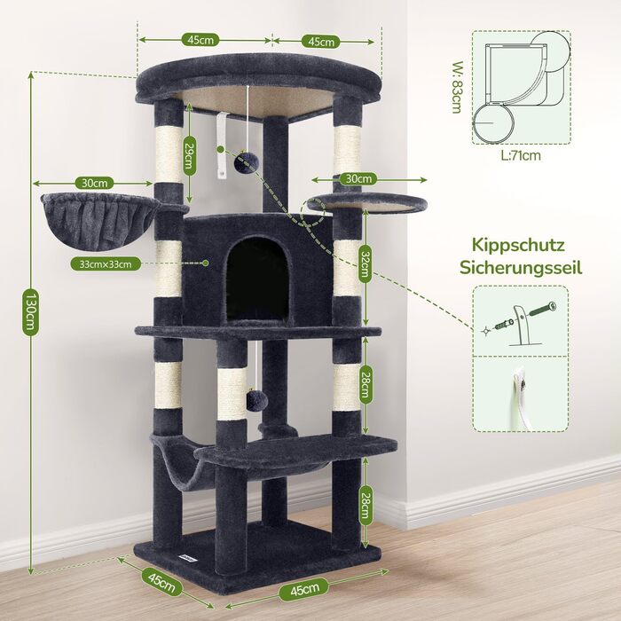 Котячий будиночок Globlazer з когтеточкою, 130 см, XL, темно-сірий. Стабільний кутовий комплекс з будиночком, платформою, гамаком та м'яким кошиком для великих котів.