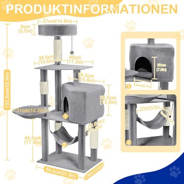 Кігтеточка для котів YRHome Hellgrau (сірий) - багатоярусна з гамаком та будиночком, 133.5 см