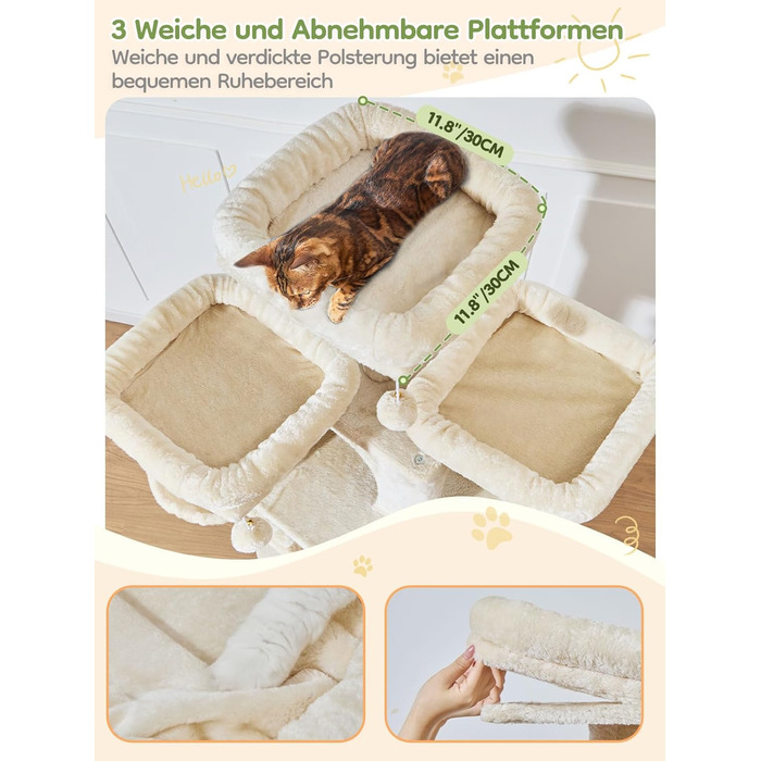 Дерев'яний комплекс для котів Taoqimiao 193 см, великий, з будиночками, лежаками, гачком та когтеточками (MS047G, сірий/бежевий)